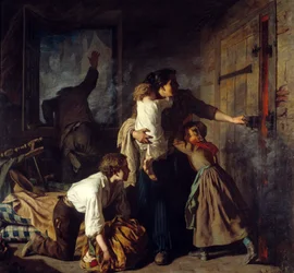 Brandsted. En familie, der sidder fast i deres lejlighed, forsøger at undslippe bygningens brand. Familiefaderen tilkalder hjælp fra vinduet. Maleri af Alexander Antigna (1817 - 1878)