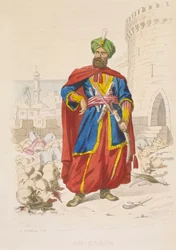 Ali Khoja, hersker over Algier 1816-1818, strålende i en grøn turban og iført et fint sværd, er omgivet af de afhuggede hoveder af besejrede fjender efter bombardementet i 1816, midten af det 19. århundrede (koloreret stik).