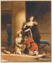 Elisabeth Woodville, dronning af England, siger farvel til sine sønner, Edward V og Richard, hertug af York, med en sørgende mand bag en kolonne