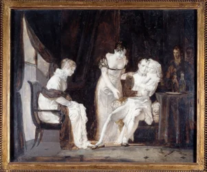 Napoleon med kongen af Rom. Napoleon I Bonaparte (1769-1821), hans kone Marie-Louise af Østrig (1791-1847) og i hans arme kaldte deres søn Napoleon II kongen af Rom eller Aiglon (1811-1832). Maleri af Alexandre Evariste Fragonard (1780-1850)