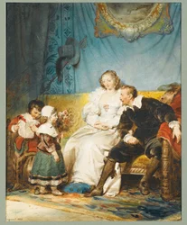 Rubens og Hélène Fourment sidder med Frans med et brev og Isabelle Hélène giver dem en buket roser