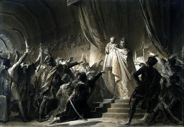 Kejserinde Maria-Theresa (1717-80) præsenterer den fremtidige Joseph II for Magnaterne i Ungarn (grafit, sepia-vaske med blæk og gouache på papir)