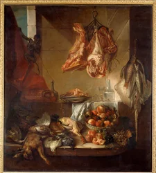 Køkkeninteriør med stilleben af vildt, frugt og kød. Maleri af François Desportes (1661-1743), 18. århundrede. Châlons-sur-Marne, Museum for Skønne Kunster