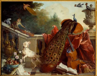 Dyr, blomster og frugter. En hund, en abe der spiller violin, en påfugl, en papegøje, en paradisfugl, strengeinstrumenter. 1717. Sol. 1,24 x 2,31 m. Grenoble, Musée des Beaux-Arts