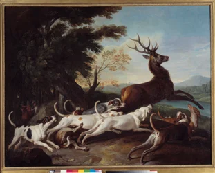 Jagt: “” Debuche du deer”” Maleri af Francois Desportes (1661-1743) 1718 søn. 1,1x1,45 m Rouen, Museum of Fine Arts