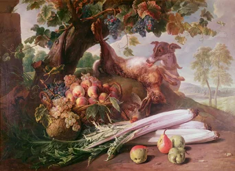 Stilleben af blomster, vildt og frugter