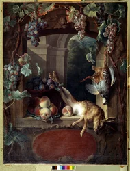 Stilleben ved espalieret Druer, peches og vildt (hare, død fugl) Maleri af Francois Desportes (1661-1743) 1700-tallets søn. 1,17x0,88 m Lyon, Musee des Beaux Arts