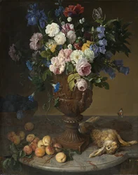 Urne med blomster med frugter og hare, 1715