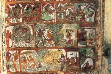 Fresker, der skildrer Shivas liv i helligdommen for Parvati, Nataraya-templet, Chidambaram, Tamil Nadu, Indien, 5. århundrede