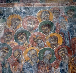 Gruppe af helgener, fresko i kirke i Anisaraki nær Kandanos, Kreta, Grækenland (foto)