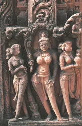 Skulptur, der forestiller kvindefigurer, Jain Temple No 16, Deogarh, Uttar Pradesh, Indien, 8.-17. århundrede.