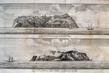 Udsigt over Alejandro Selkirk Island eller Mas Afuera Island, Juan Fernandez Archipelago, Chile, gravering