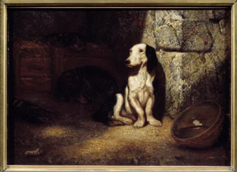 Sort og hvid basset ved hundehuset. Ved siden af står en skål fyldt med vand. 1849. Sol. 0,25 x 0,35 m