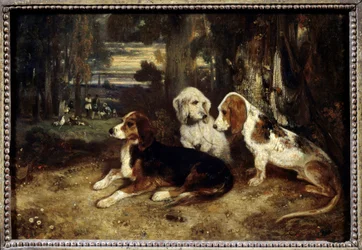 Jagthunde i hvile Maleri af Alexandre Gabriel Decamps (1803-1860) 1839 søn. 0,26x0,37 m Paris, Musée du Louvre.