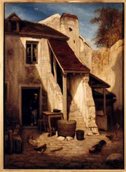 Interiør af rustik gårdhave i Fontainebleau Maleri af Alexandre Gabriel Decamps (1803-1860) fra det 19. århundrede Sun. 0,78x0,56 m Paris, Musee du Louvre.