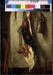 ""stilleben af ​​hane og hare, hængende på en krog og lanterne"" Maleri af Alexandre-Gabriel Decamps (Alexandre Gabriel) (1803-1860) 1800-tallet Dim. 28x24 cm Eremitagemuseet, Sankt Petersborg (Saint -Petersburg)