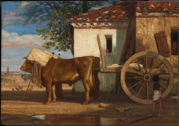 Okser foran en bondegård ved Le Verrier, ca. 1853 (olie på træpanel)