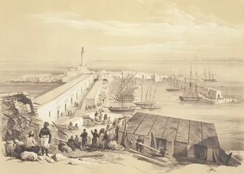 Port and Pier of Algier, fra et bind til minde om den franske ekspeditionsstyrke, der erobrede Algier i 1830, indgraveret af Adolphe Jean-Baptiste Bayot (1810-66)