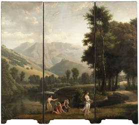 Et arkadisk landskab med jomfruer, der samler blomster ved en flodbred, et slot på en bakketop bagved, 1801
