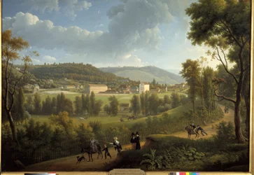 Udsigt over landsbyen Jouy en Josas (Jouy-En-Josas) med fabrikken grundlagt i 1785 af Oberkampf (1738 - 1815). Maleri af Alexandre Dunouy (1757-1841)