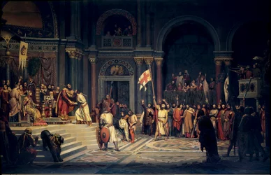 Det første korstog: Godfred af Bouillon (1061-1100), hertug af Nedre Lothringen, aflægger troskabsed til den byzantinske kejser Alexios Komnenos i Konstantinopel