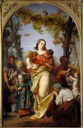 Universel velgørenhed. Personificering af næstekærlighed, der holder de forskellige folkeslag i verden i sine arme. Maleri af Alexandre Laemlein (1813-1871)