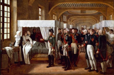 Kejser Napoleon I (1769-1821), ledsaget af læger og generaler (marechal Jean Mathieu Philibert Serurier, guvernør for Invalides, Louis Alexandre (Louis-Alexandre) Berthier og Joachim Murat, Gerard (Geraud) Christophe Michel Duroc, stormarskal