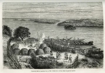 Lejren befæster ekspeditionen for at beskytte sig mod kannibalerne Mouana Ntaba, nær floden Leopold (Congo), tegnet af A.De Bar, for at illustrere historien "Over det mystiske kontinent", en rejse foretaget mellem 1874-1877, af Sir HM Stanley. Engravin