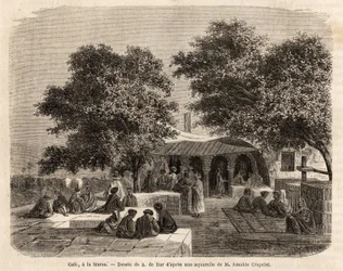 Udsigt over en cafe i La Marsa (Tunis), tegning af A.de Bar, for at illustrere en tur til Tunis, i 1859, af Amable Crapelet. Indgravering i "" Le tour du monde"", redigeret af Edouard Charton