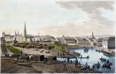 Udsigt over Wien fra kysten af Leopold-Stadt (arbejder på kajen) - i "" Malerisk tur til Østrig af grev Alexandre de Laborde"", Paris, red. Ældste Didot