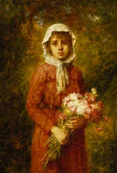 En ung pige holder en buket blomster,