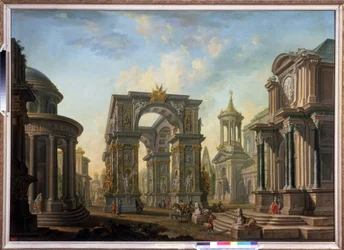 Arkitektonisk fantasi. Maleri af Alexei Ivanovich Belsky (1730-1796). Olie på lærred