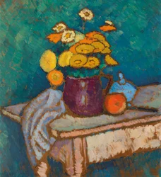 Stadig liv med klud, blomster i kande og æble, 1909-1910.