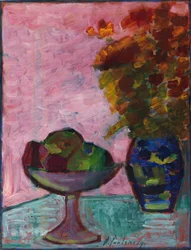 Stilleben med frugtskål og blomstervase, ca 1932.