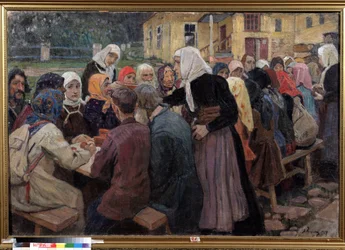Måltidet. Et langt bord opstillet i haven, for at servere frokost for en flok mennesker, de vagthavende kvinder er iført hvide tørklæder. Maleri af Alexei Mikhaylovich Korin (Korine) (1865-1923), olie på lærred