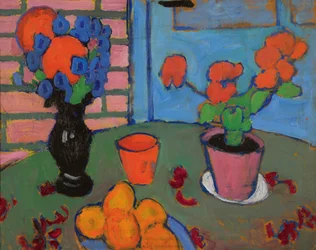 Stilleben med blomster og appelsiner