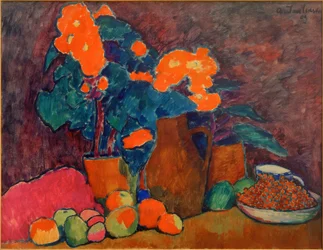 Stilleben med blomster, frugter og flaske
