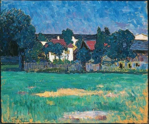 Landskab fra Wasserburg med huse og eng, 1907