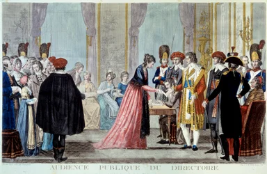 En offentlig høring af direktionen (1795-1798) Offentligheden kommer for at indgive deres anmodninger eller klager for statens repræsentant. Stik af Alexis Chataignier (1772-1817) 1795. Paris, B.N.