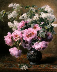 Stilleben med sommerblomster med pæoner og syrener. Maleri af Alexis Kreyder (1839-1912) Privat samling.