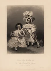 Viscount Gray de Wilton og Elizabeth Gray Egerton, børn af Thomas Egerton, 2. jarl af Wilton. Datter i ringlets og flæsket kjole med en dukke, og søn i kjole og fjerhætte med et bånd bundet til en legetøjshest. Stålstik af Henry