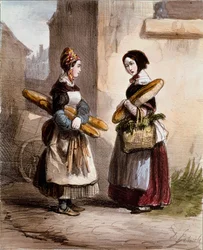 Små metier: bageriet. Ung gående brødhandler. Tryk af Alfred Andre Geniole (1813-1861) fra "Les femmes de Paris" 1841-1842 Paris, Musee Carnavalet