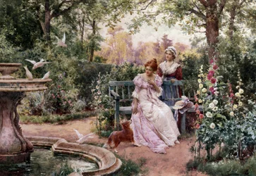 Hendes dames kæledyr. To unge piger i en blomsterhave med en hund i nærheden af et springvand med duer. Maleri af Alfred Augustus I Glendening (ac.1861-d.1903 britisk). Prerafaelisme (prerafaelitisk kunst). Privat samling
