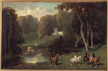 Ryttere og amazoner ved bredden af en sø Maleri af Alfred de Dreux (1810-1860) 1800-tallets søn. 0,43x0,65 m