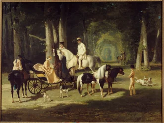 Hr. og fru A. Mosselman og deres to døtre går gennem skoven på hesteryg. Maleri af Alfred de Dreux (1810-1860) 1848 søn. 2x2,65 m Paris, museum for Petite Palais