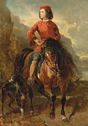 Ung Rytter paa en Shetland, med en Greyhound; Jeune cavalier montant un shetland et levrier, 1800-tallet