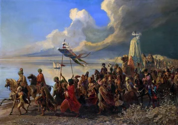 Pilgrimsrejse til de såkaldte hellige steder i byen Mekka i Saudi-Arabien - Hajj - maleri af Alfred (Edme-Alexis-Alfred) DEHODENCQ (1822-1882) - privat samling -