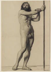 Akademisk figurstudie: nøgen mand med en stab, 1844