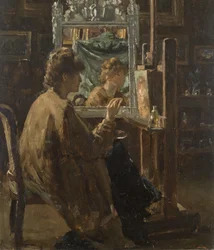 Kunstner i sit atelier (olie på panel)