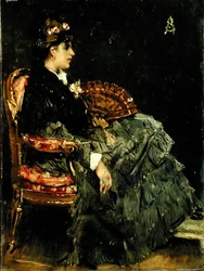 Siddende dame med ventilator (olie på panel)